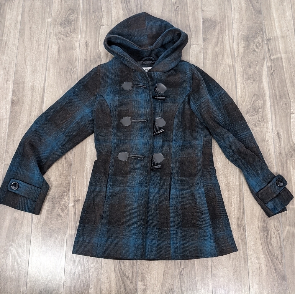 Urban Heritage Plaid Pea Coat Toggles Green Black Medium